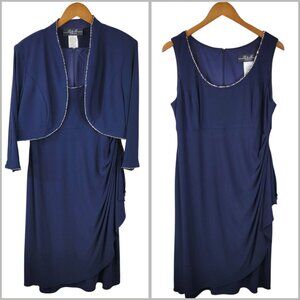 R&M Dress Jacket Top Set size 14 Knee Length Mother Of Bride Groom Navy Blue